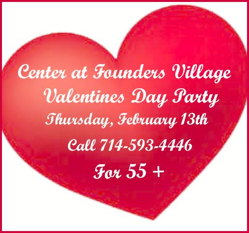 Valentines heart with Center at Founders Village Valentines Day party information.