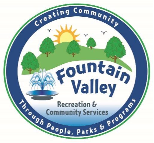 Fountain Valley Recreation Department Color Logo, drawing of tree, grass, blue sky