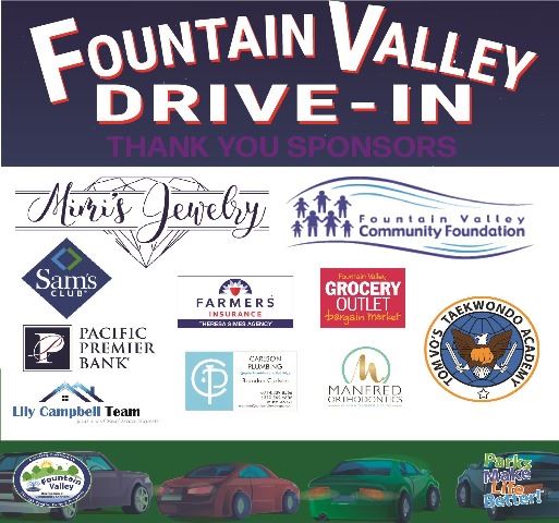 Logos of all the Drive In Movie sponsors with car graphics on the bottom