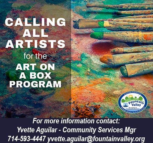 Art on the Box paint pallet with various colors and paint brushes, Art on the Box Text