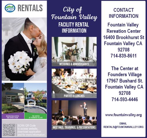 Facility Rental Info - Blue background w/ wedding couple and table settings & info.
