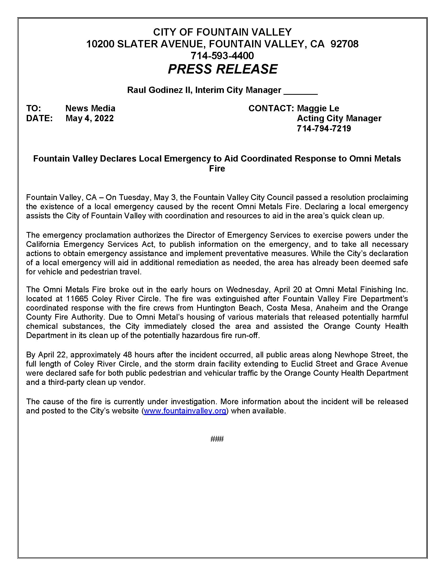 Fire incident_Declare of local emergency 5-4-22