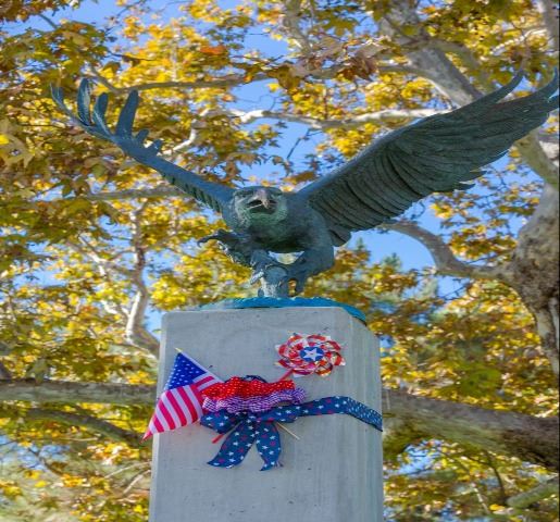 Eagle with American flag themed items around it