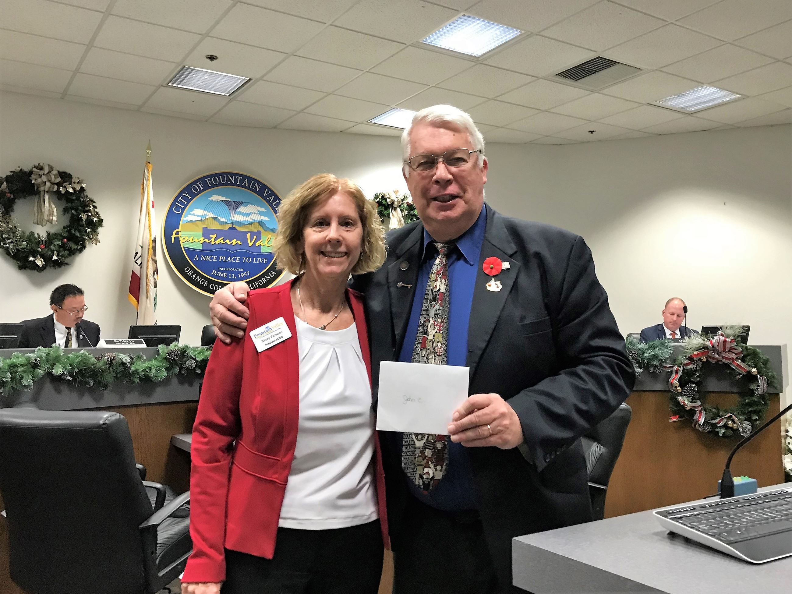 Presentation to Outgoing Mayor Collins by the Fountain Valley Chamber of Commerce 