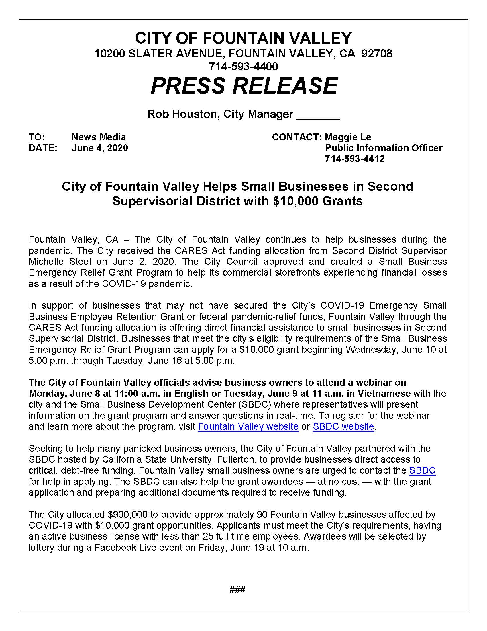 Press release grant program 6-5-2020