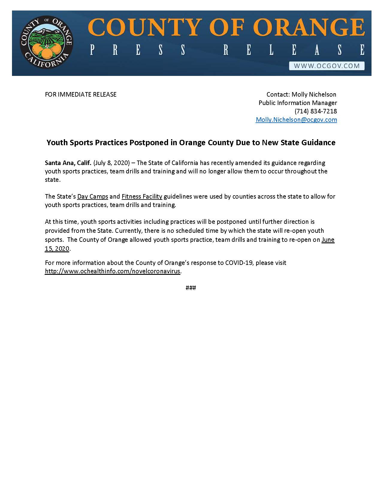 Press Release Youth Sports Postponed 7-9-2020