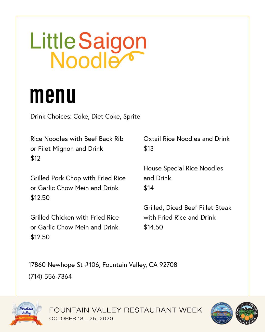 Little Saigon Noodle menu 10-2020