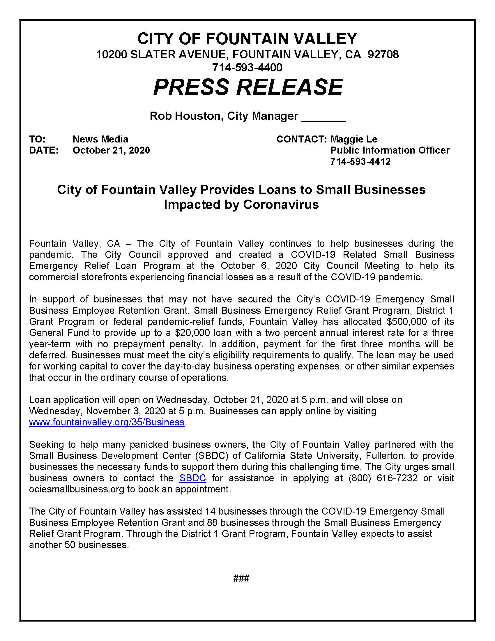 Press release loan program 10-21-2020