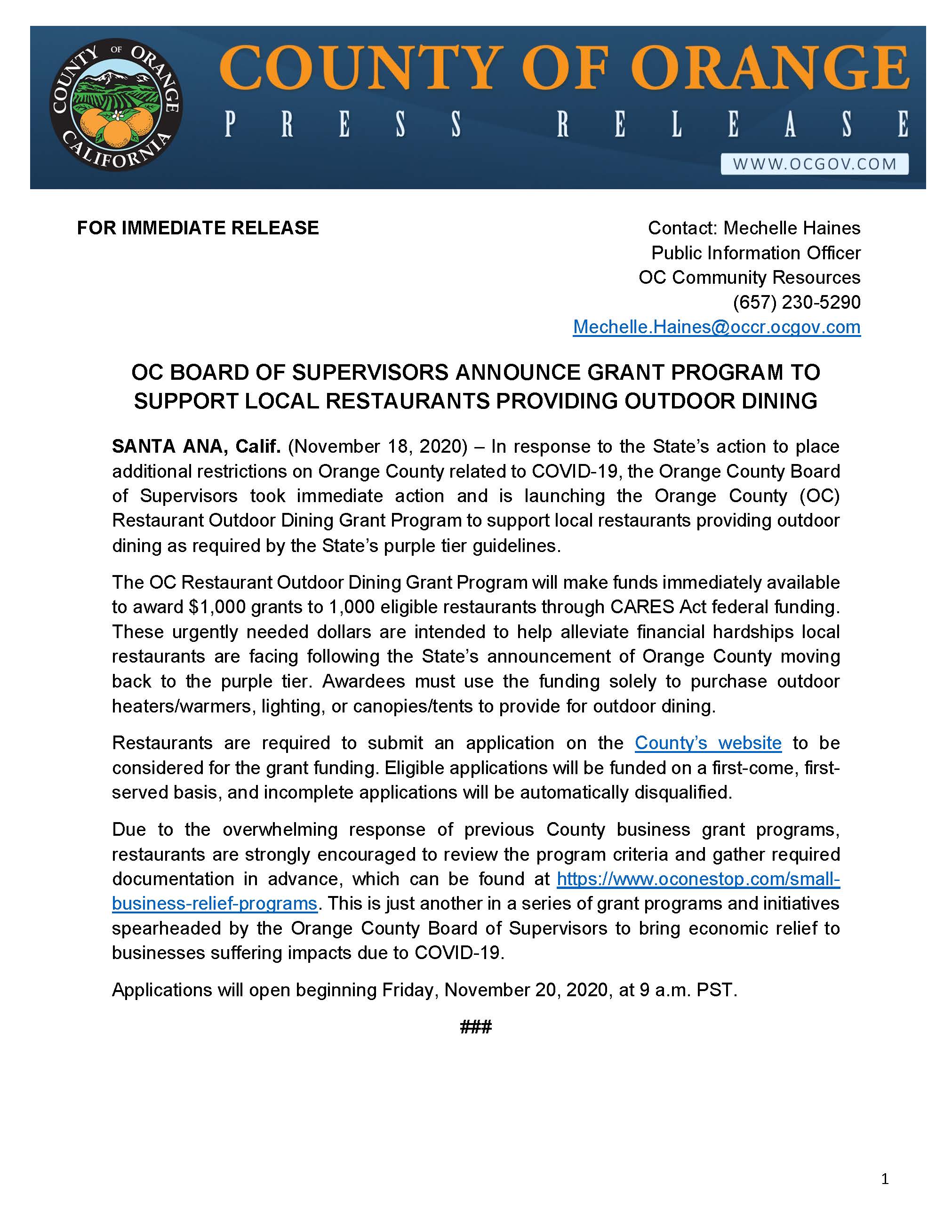 PRESS RELEASE_OC Announces Grant Program to Support Local Restaurants Providing Outdoor Dining 11-18
