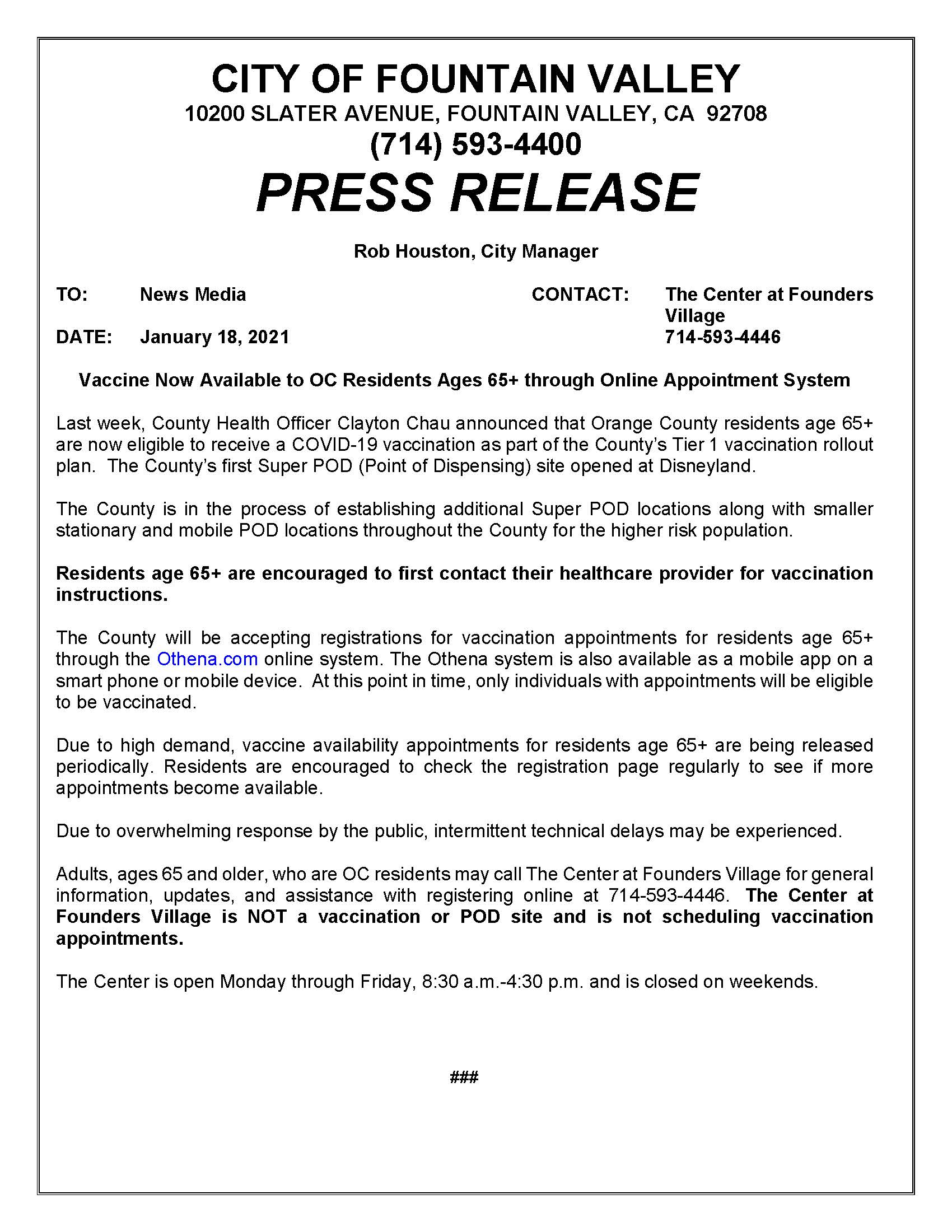 Press Release - Age 65 Vaccination 2 1-18-21