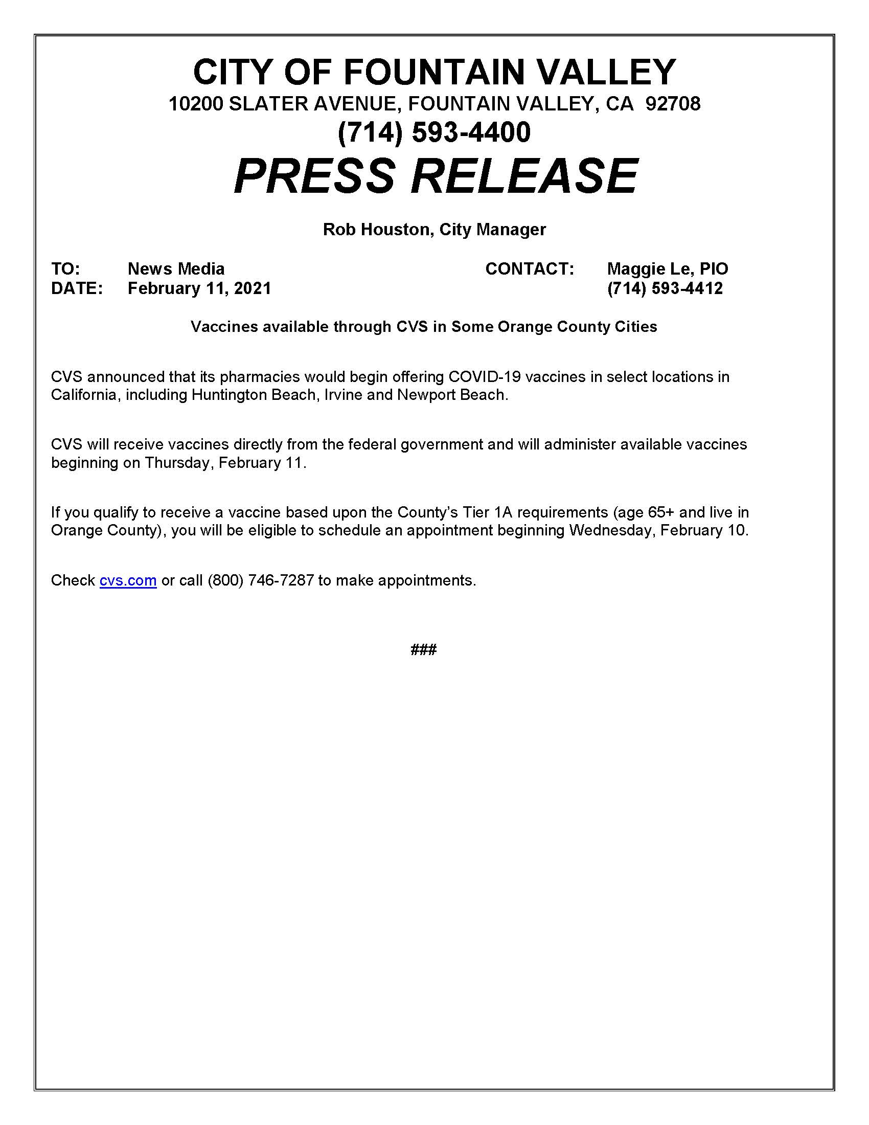 Press Release - Vaccine Information Update 2-11-21