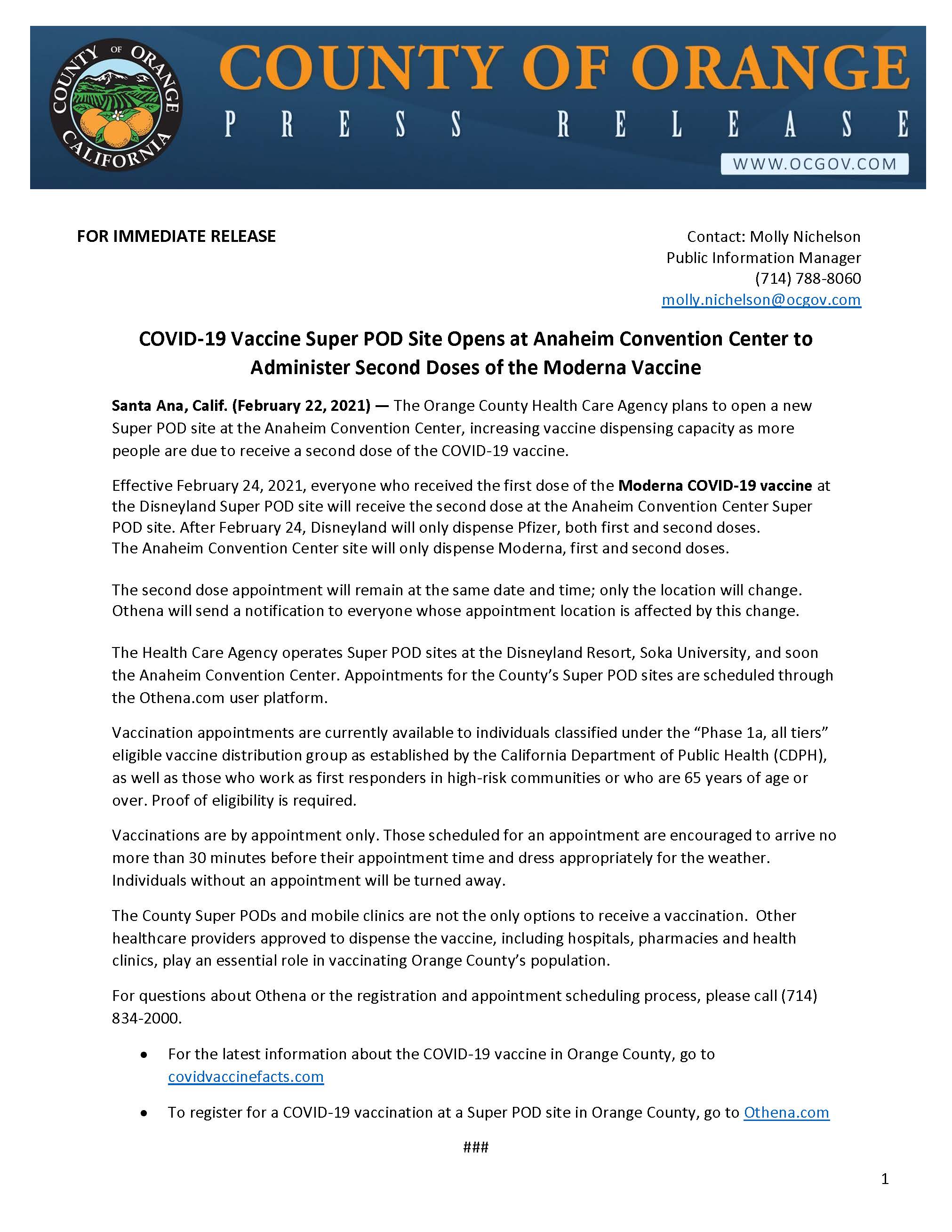 Press Release - Anaheim Convention Center POD 2-22-21