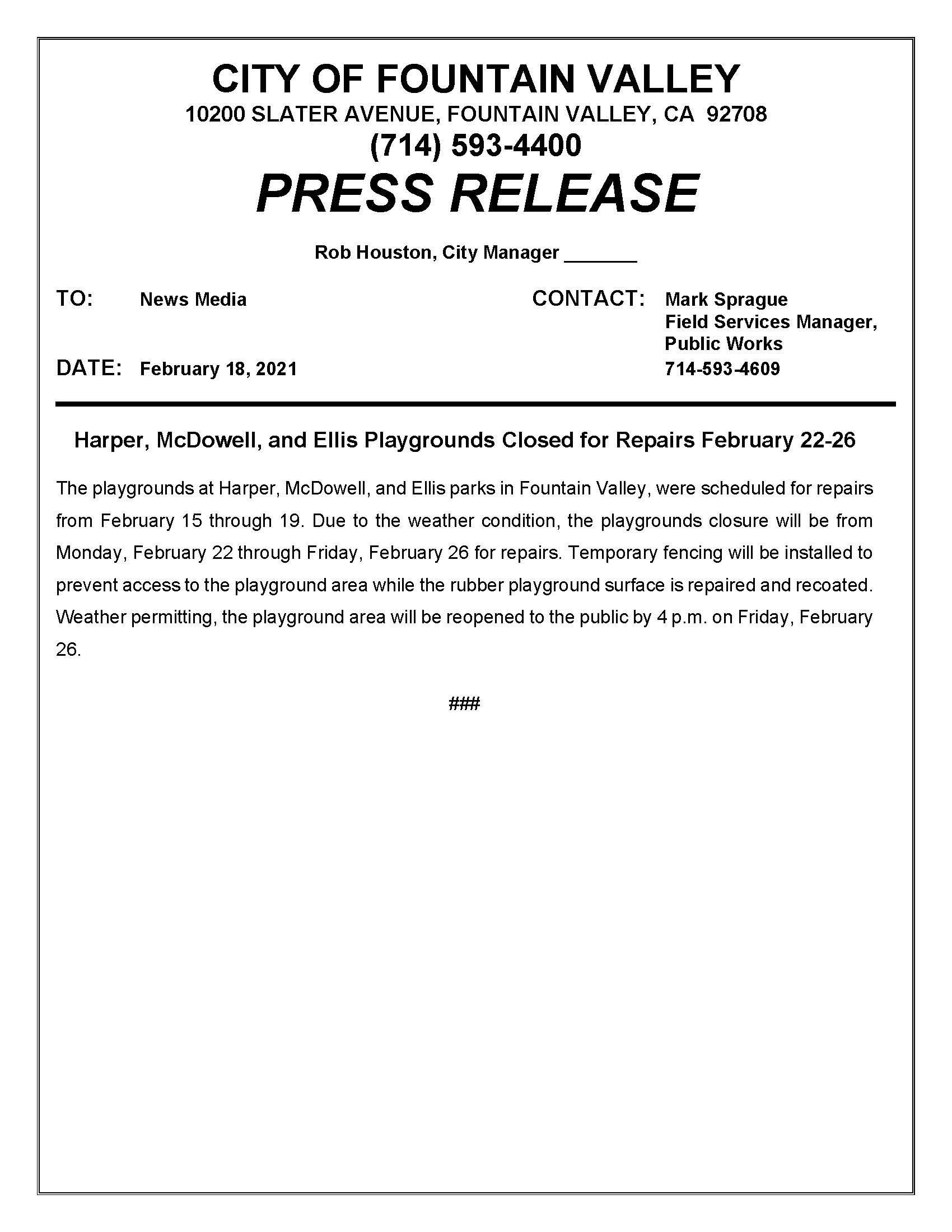 Press Release - Playgrounds closure Feb 22-26 