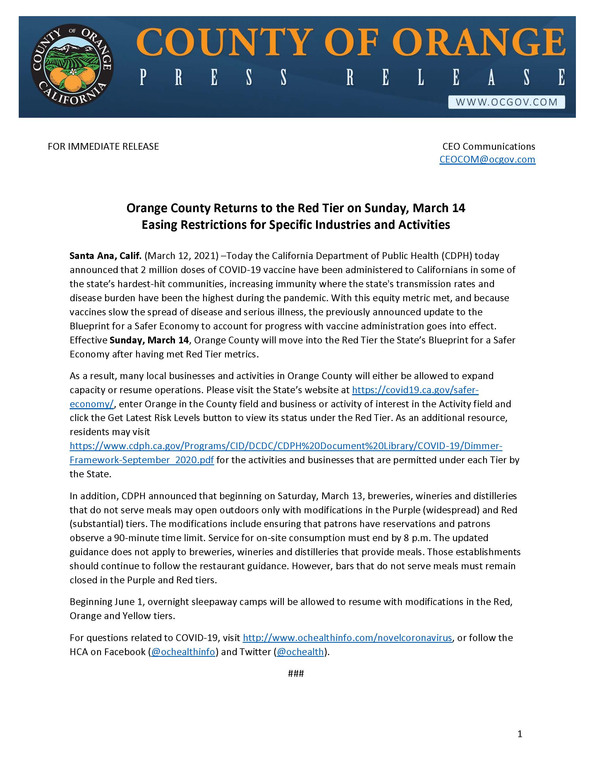 Press Release_Orange County Moves to Red Tier March 14