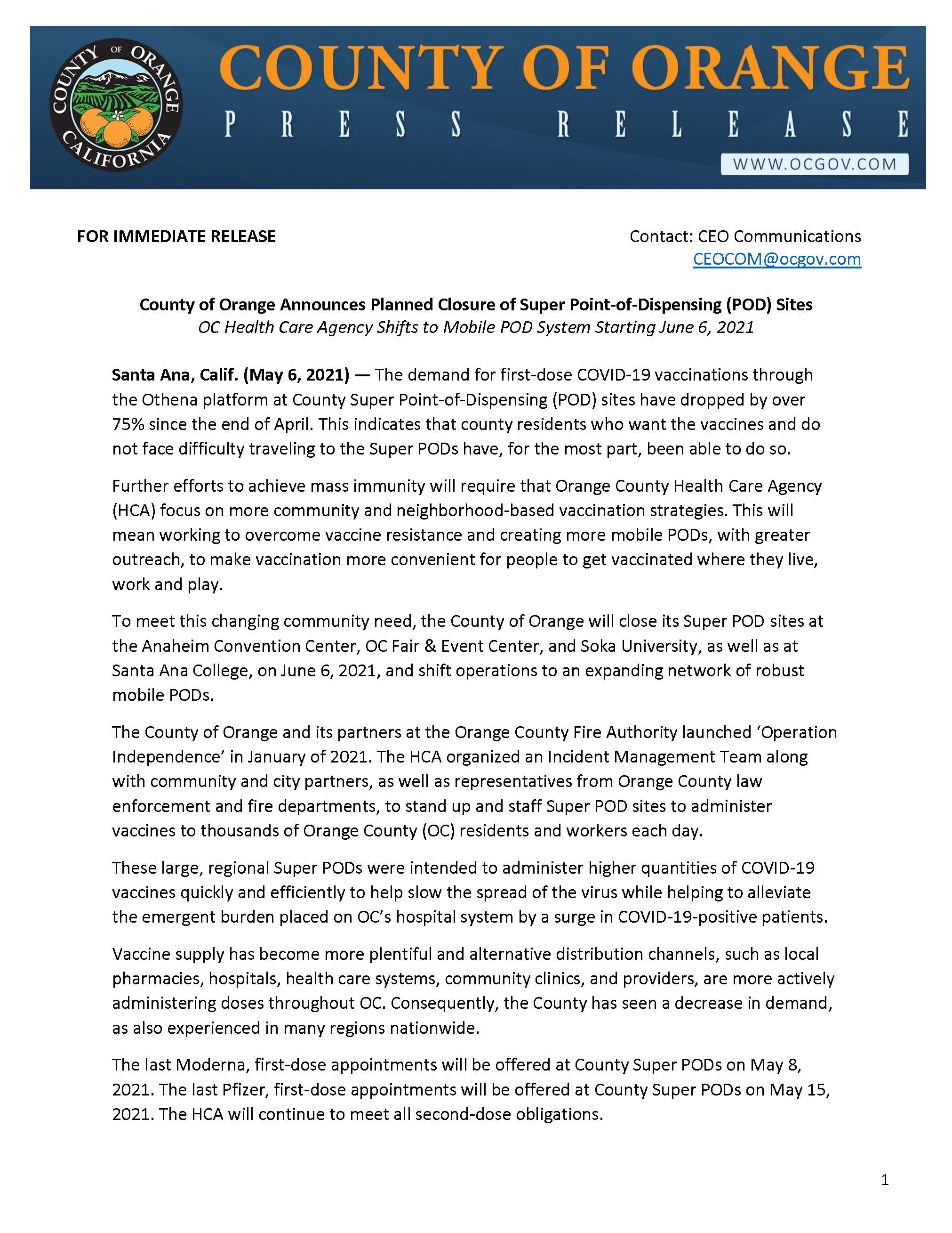 County_of_Orange_Announces_Planned_Closure_of_Super_Point-of-Dispensing_Sites 5-6-21_Page_1