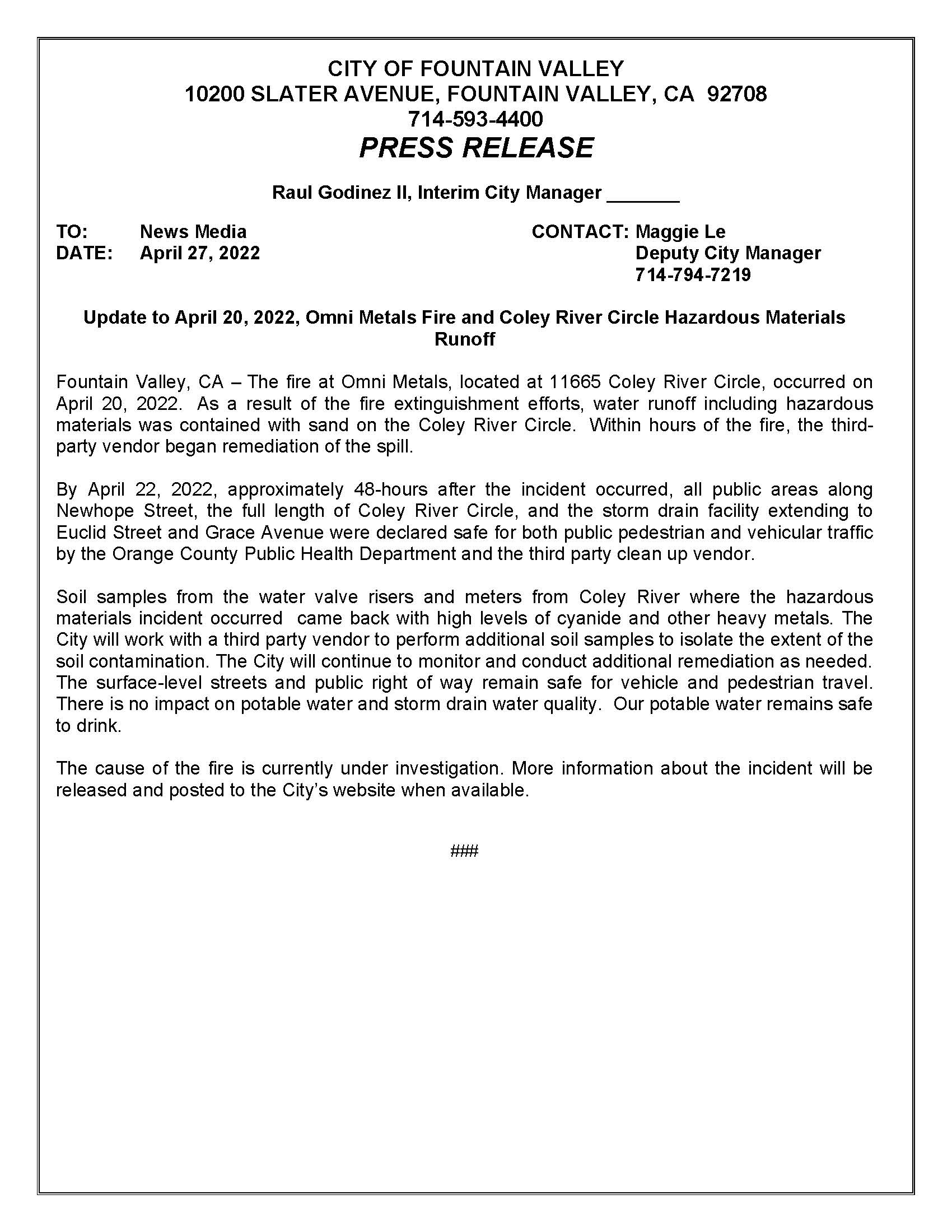 Fire incident Update 4-27-22