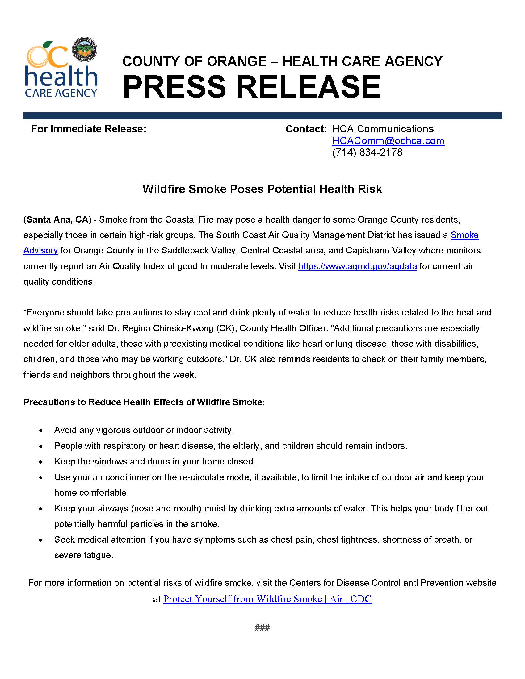 22-05-11 Coastal Fire Wildfire Smoke Poses Potential Health Risk