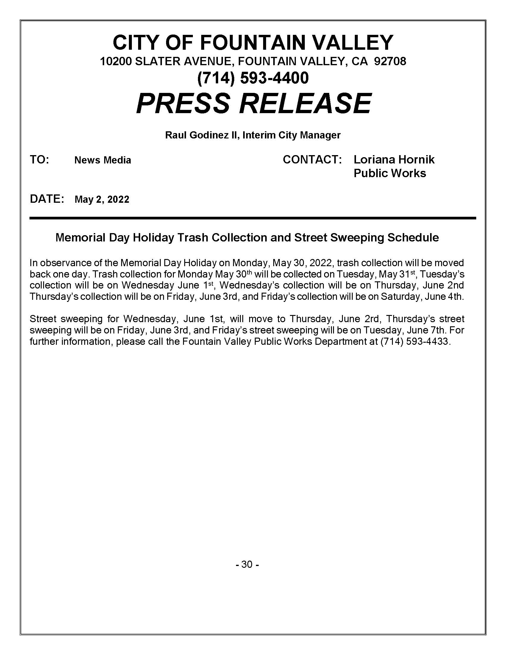 Memorial Day 2022 trash collection street sweeping schedule