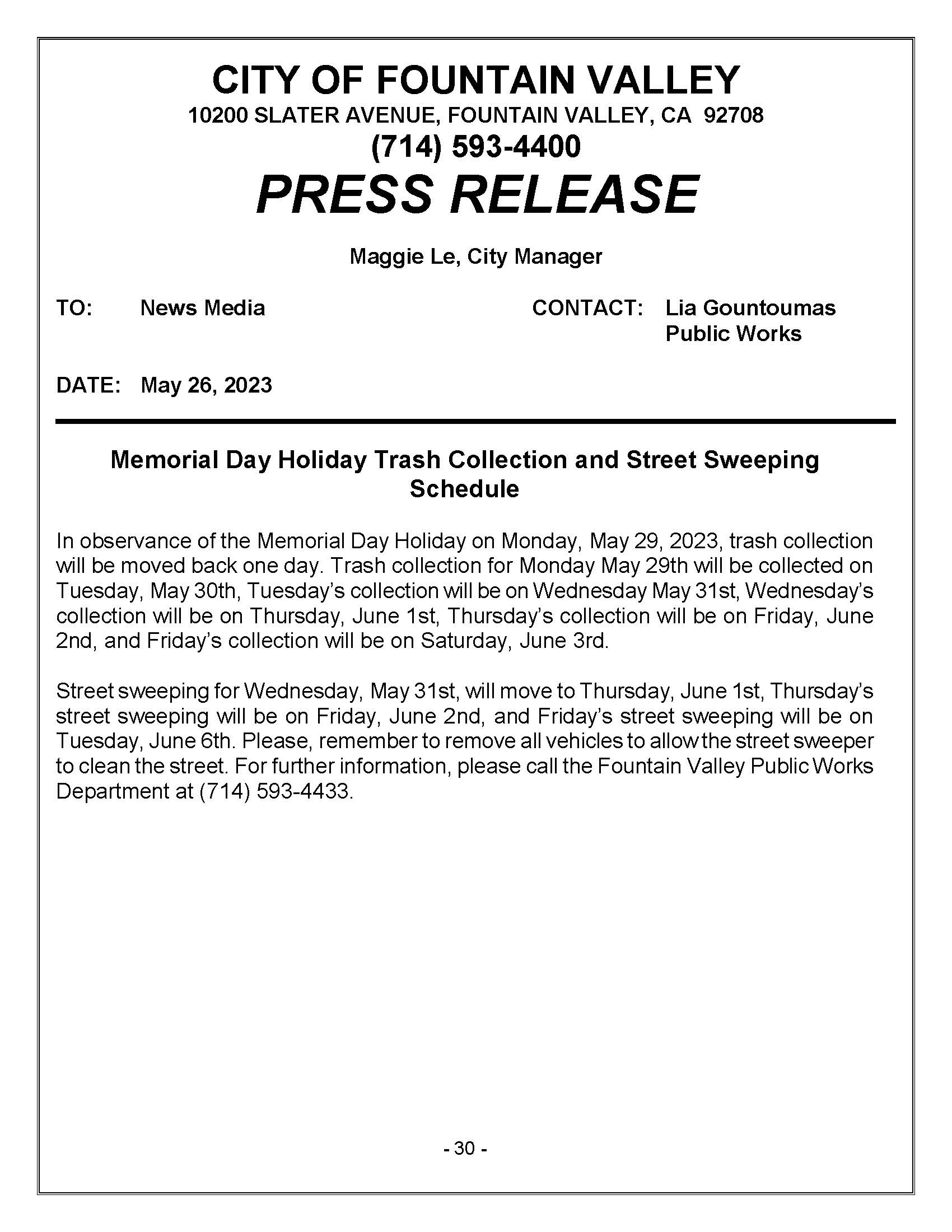 Memorial Day 2023 trash collection street sweeping schedule