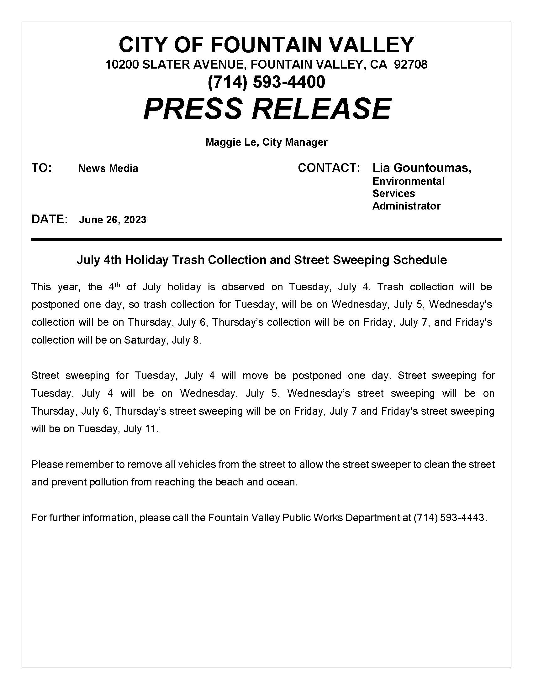 July 4th 2023 trash collection street sweeping schedule